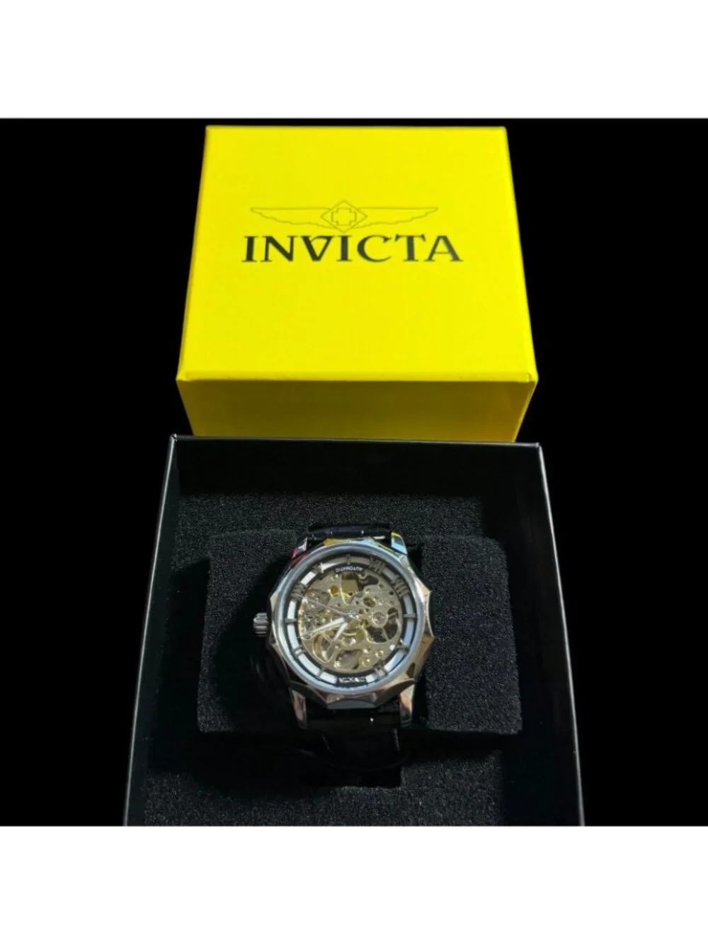 Invicta Automatic Objet D Art 46mm Skeleton Watch Men's Black Leather Strap